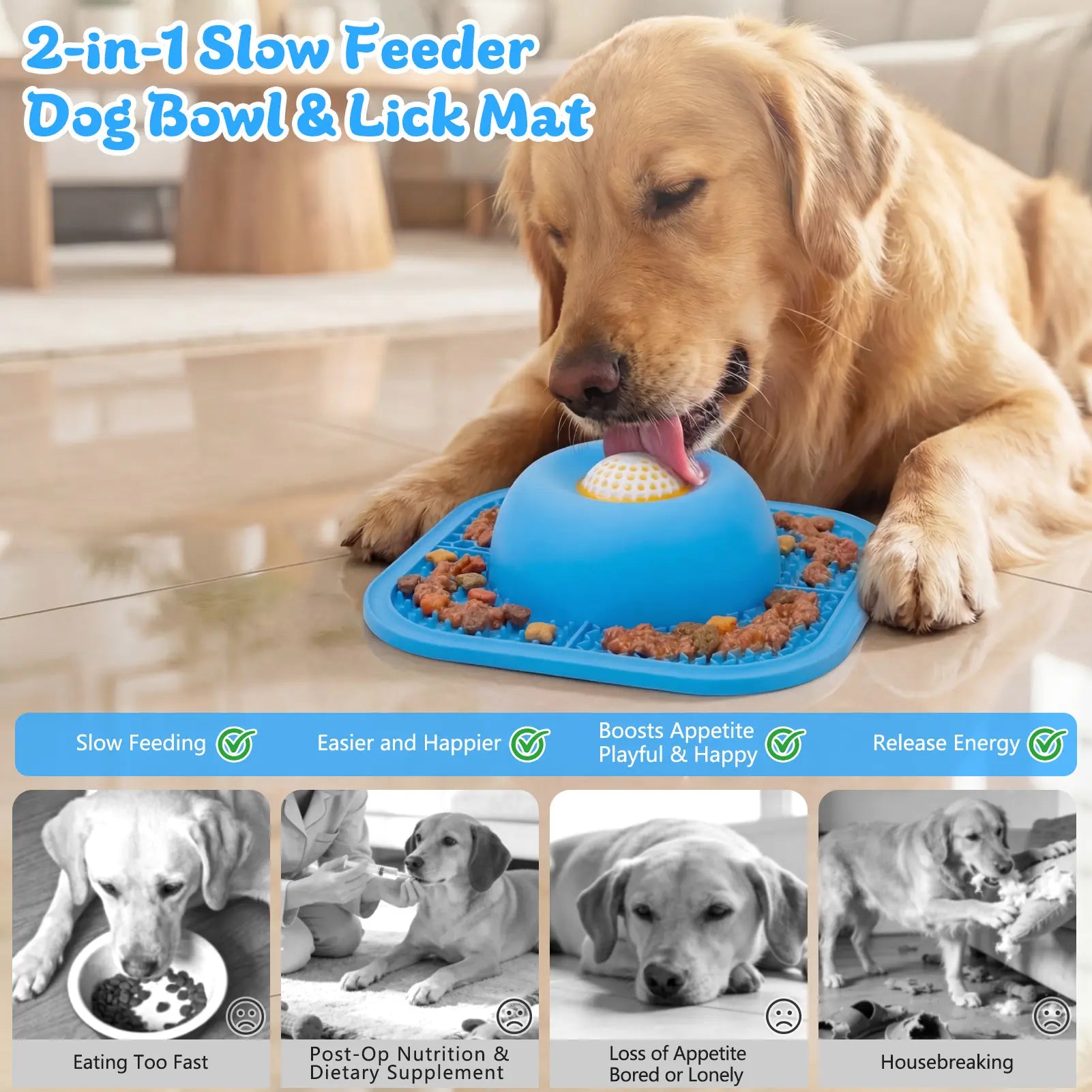 FYY Slow Feeder Dog Bowls & Lick Mat for Liquid and Thick Treat, Anti-Slip Dog Lick Bowl with Interactive Rolling Ball, 5/6 Cup Pup Licking Toy for Large Medium Small Dogs and Cats Blue