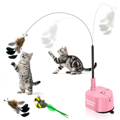 Automatic 360° Swirling Flying Bird Feather Interactive Cat Toy - USB Rechargeable Electric Teaser with Reusable Strong Sticky Vacuum Suction Cup Base for Indoor Cats